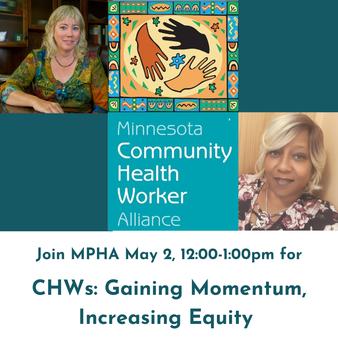 Photo of Anne Gainey, caucasian woman and Angela Fields, black woman, with the Minnesota Community Health Worker Alliance logo of three hands on a teal-blue background.